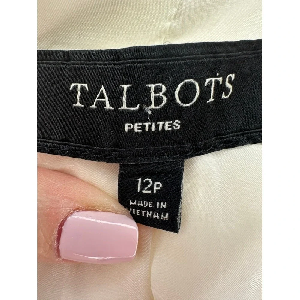 Talbots Petites Women's Textured Collarless Jacket‎ Cream Black Trim Size 12P